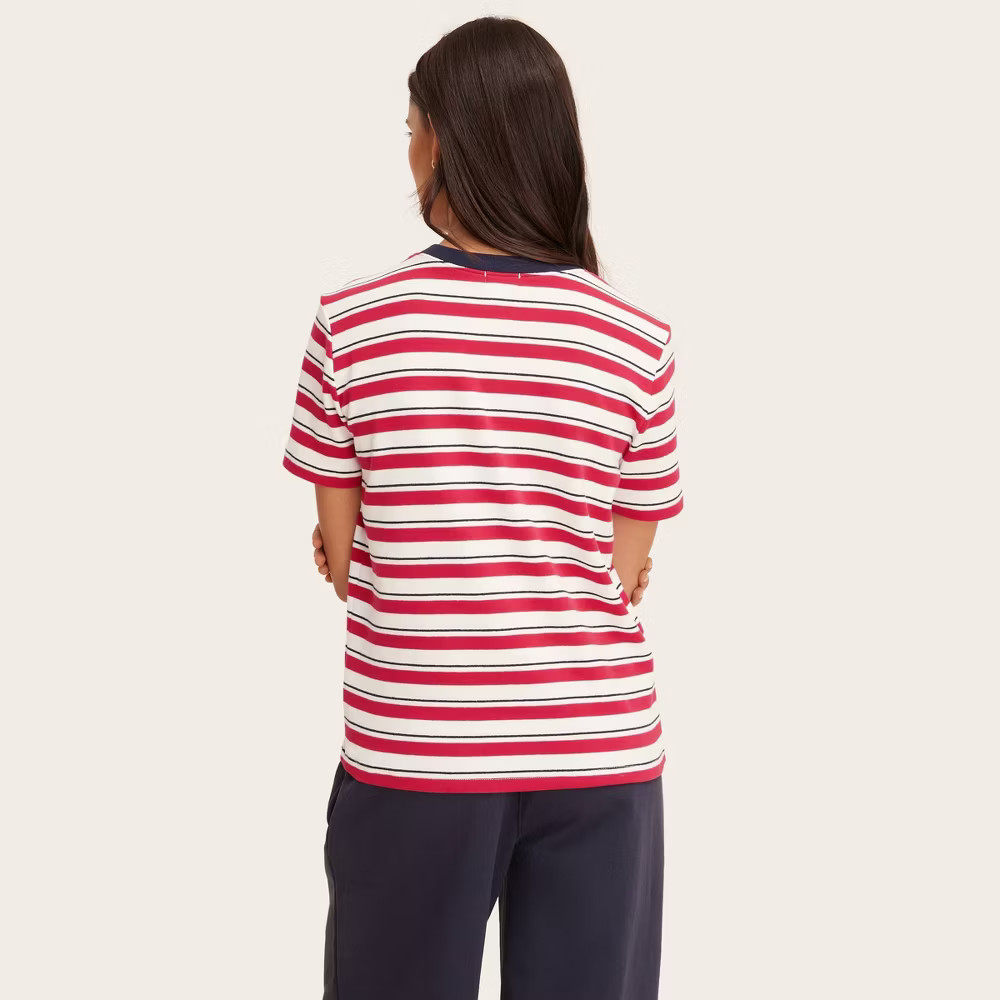 Women Short Sleeve Crewneck Pocket T-Shirt – Parke Red/Navy Striped S