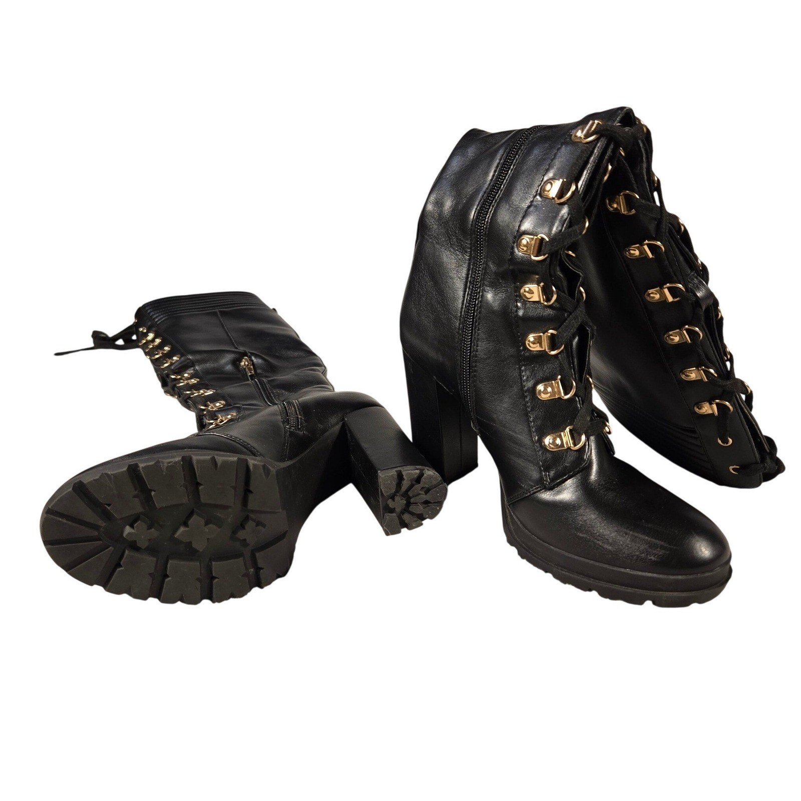 Eliza Womens Black Lace Up Knee High Combat Boots Gold Hardware Block Heel 7.5