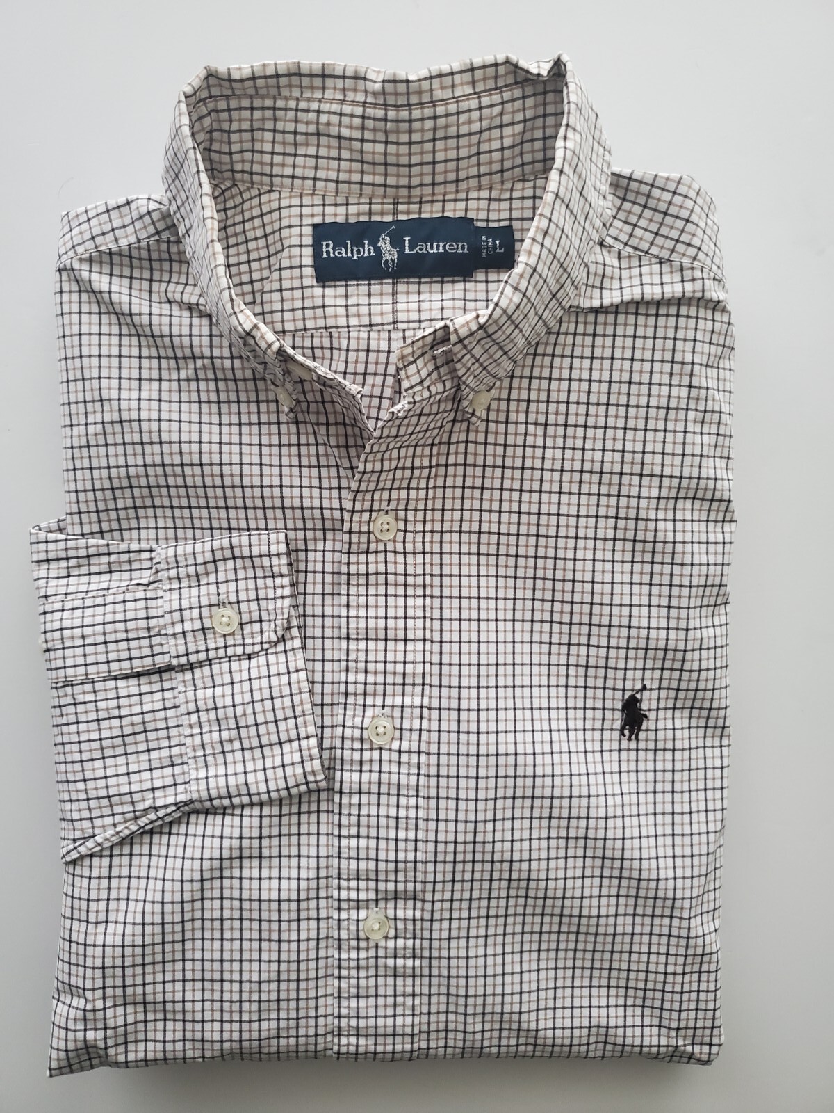 Ralph Lauren Brown Beige White Tartan Plaid Shirt Sz L EXCELLENT