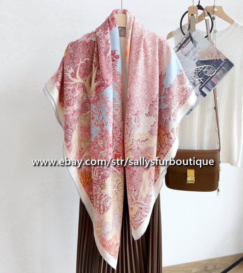 Sallys 70% Cashmere 30% Silk Wrap Scarf Nature Print Double Face Shawl 53″ Pink