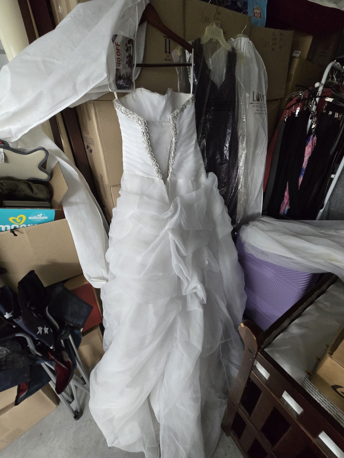 White Sweetheart Strapless Ball Gown Wedding Dress, Beaded Ruching Ruffles