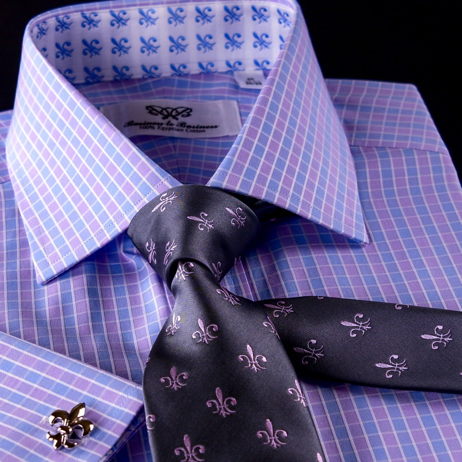 NEW Arrival Purple Blue Check WIth Blue Fleur-De-Lis Dress Shirt French Cuffs