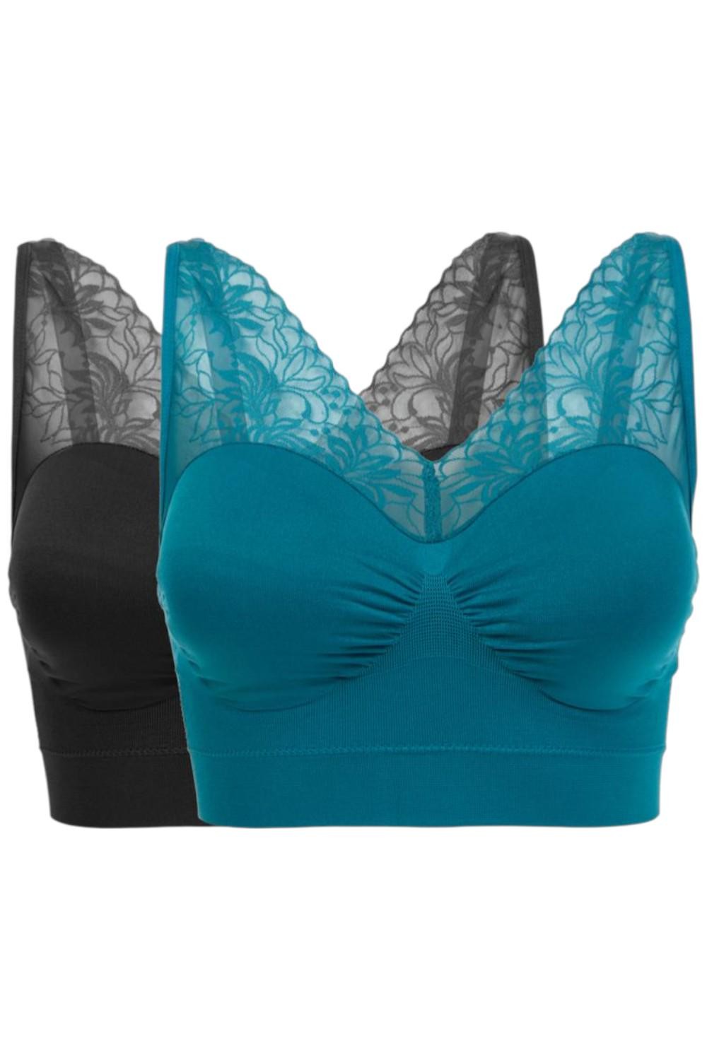 Rhonda Shear 2-pack Seamless “Ahh” Bra w Mesh Lace Detail Black/Teal
