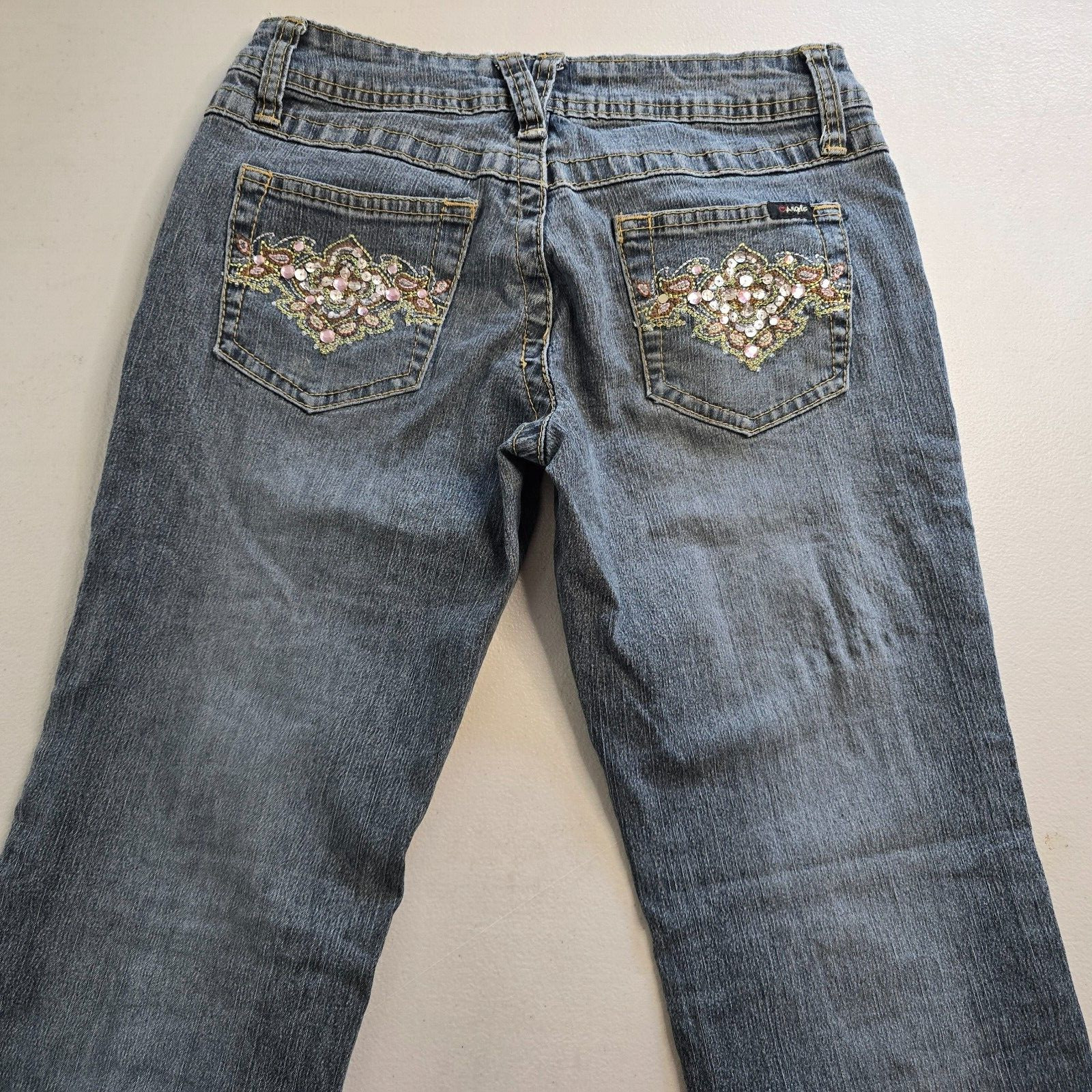 Angels Jeans Juniors 3 / 28 Blue Flare Raw Hem Ankle Embordered Sequin Bejeweled