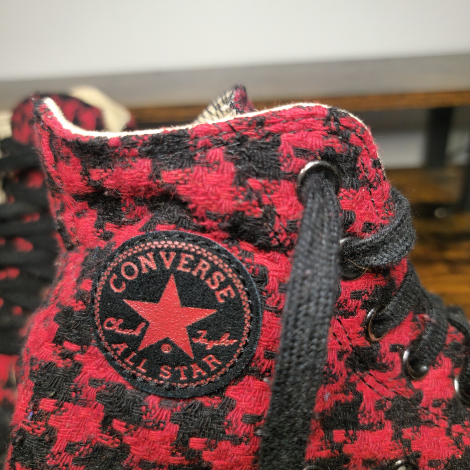 Rare Converse All Star High Top Houndstooth Red Black Woven Fabric Men 4 Women 6