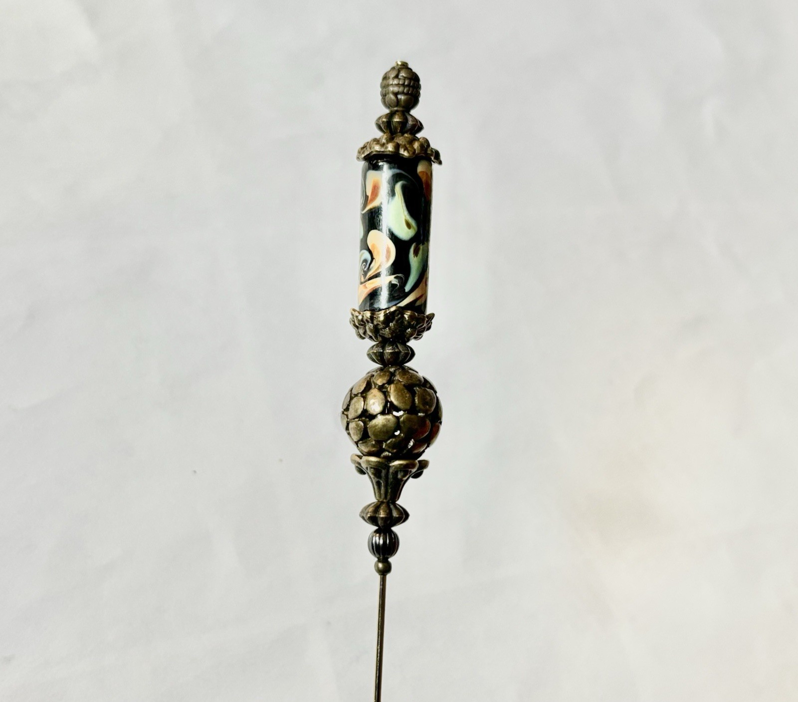 Hatpin with Vintage Tibetan Design & antique Bronze & Hand Made Artisan Ceramic