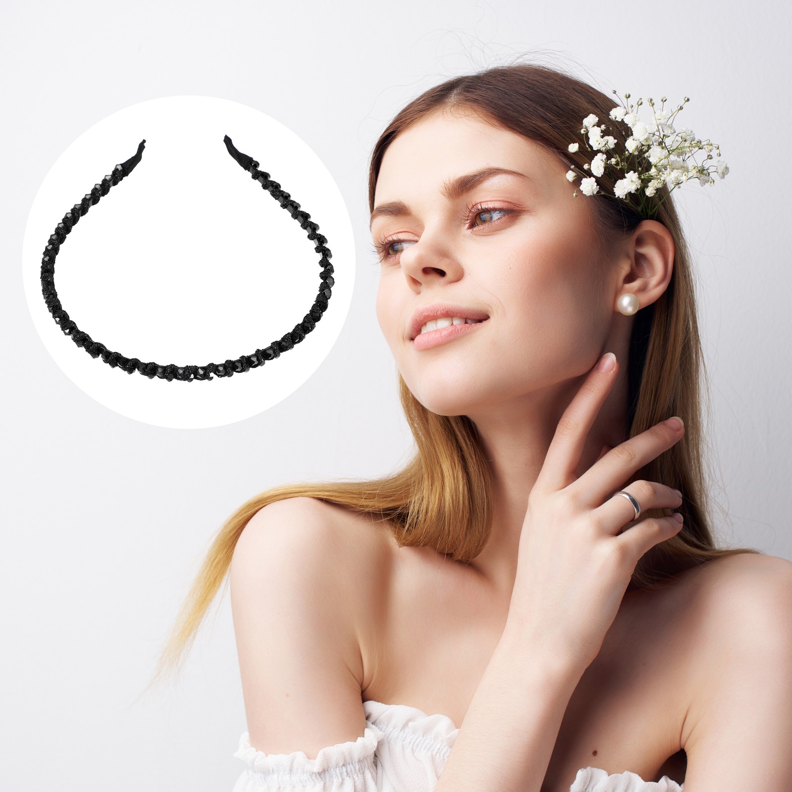 1 Pcs Rhinestone Hair Hoop Headband Thin Hairband for Women Black 0.24“ Wide