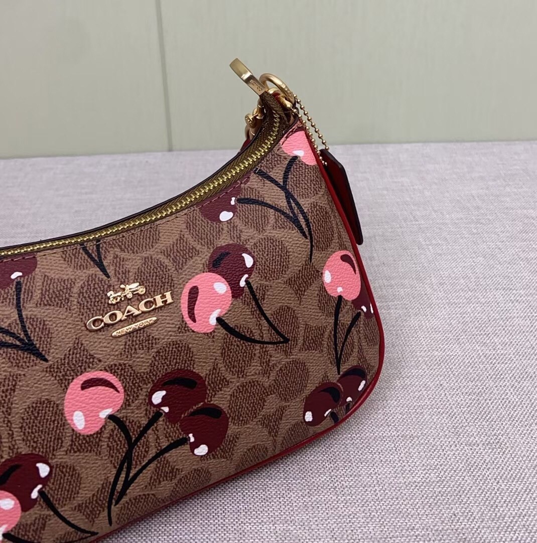 COACH CY694 Teri Shoulder Bag Signature Canvas Cherry Print Tan Brown