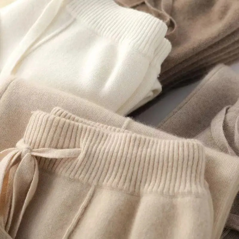 Women Merino Wool Wide Leg Pants Soft Warm Cashmere Knit Trousers Winter Casual