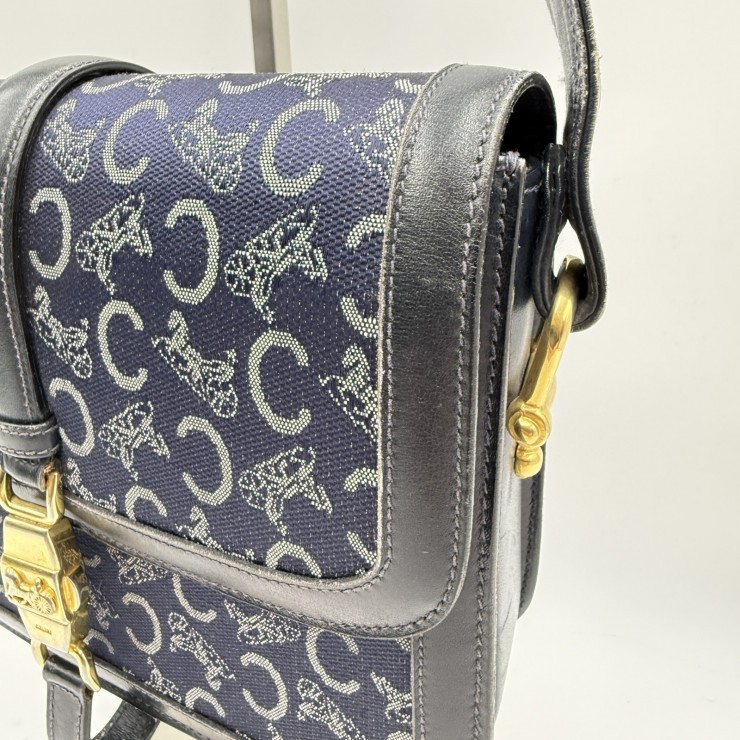CELINE Sulky C Macadam Vintage Shoulder Bag Navy Canvas and Leather Gold-ton…