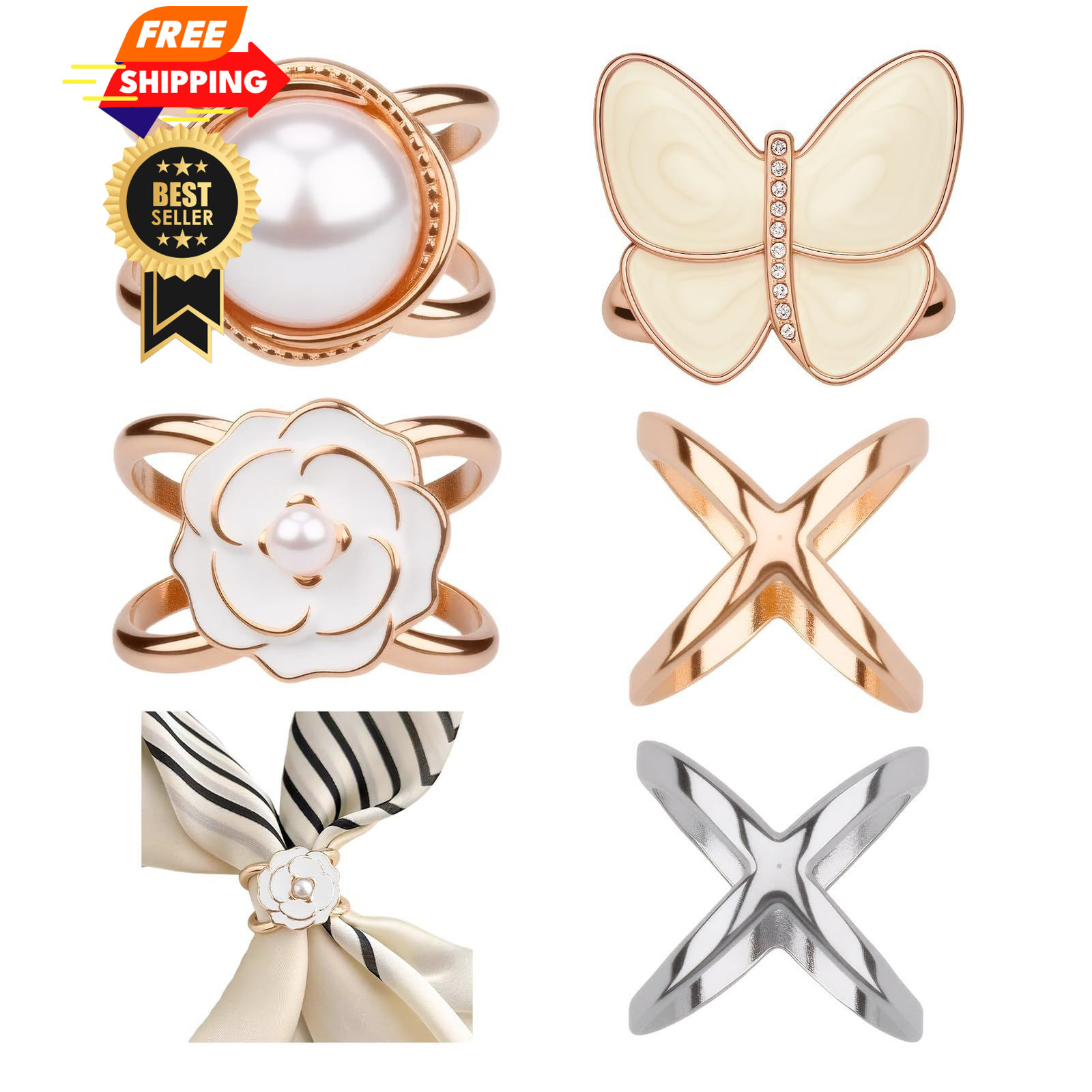 Bmpzery 5 Pcs Gold Scarf Ring,Five Style Rings and Slides Small, Gold-5