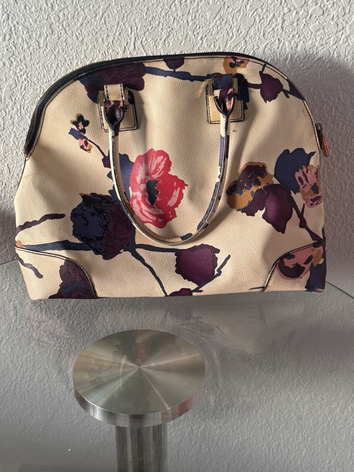 Tory Burch Beige Floral Dome Satchel Top Handle Zip, Logo, Gold Hardware