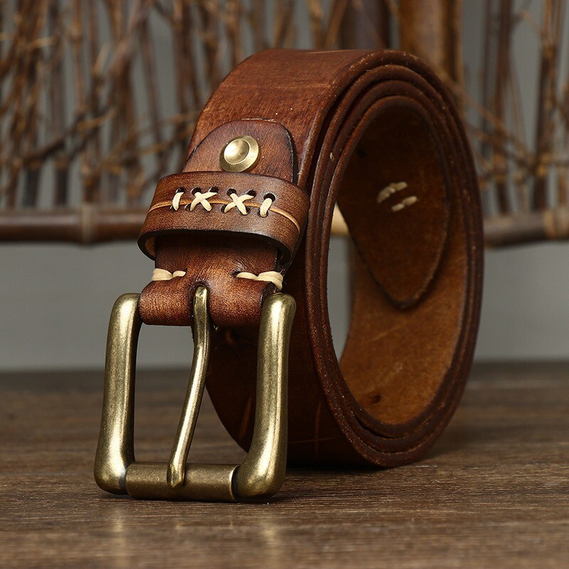 3.8CM Men High Quality Genuine Leather Belt Pin Buckle Cowskin Vintage Strap