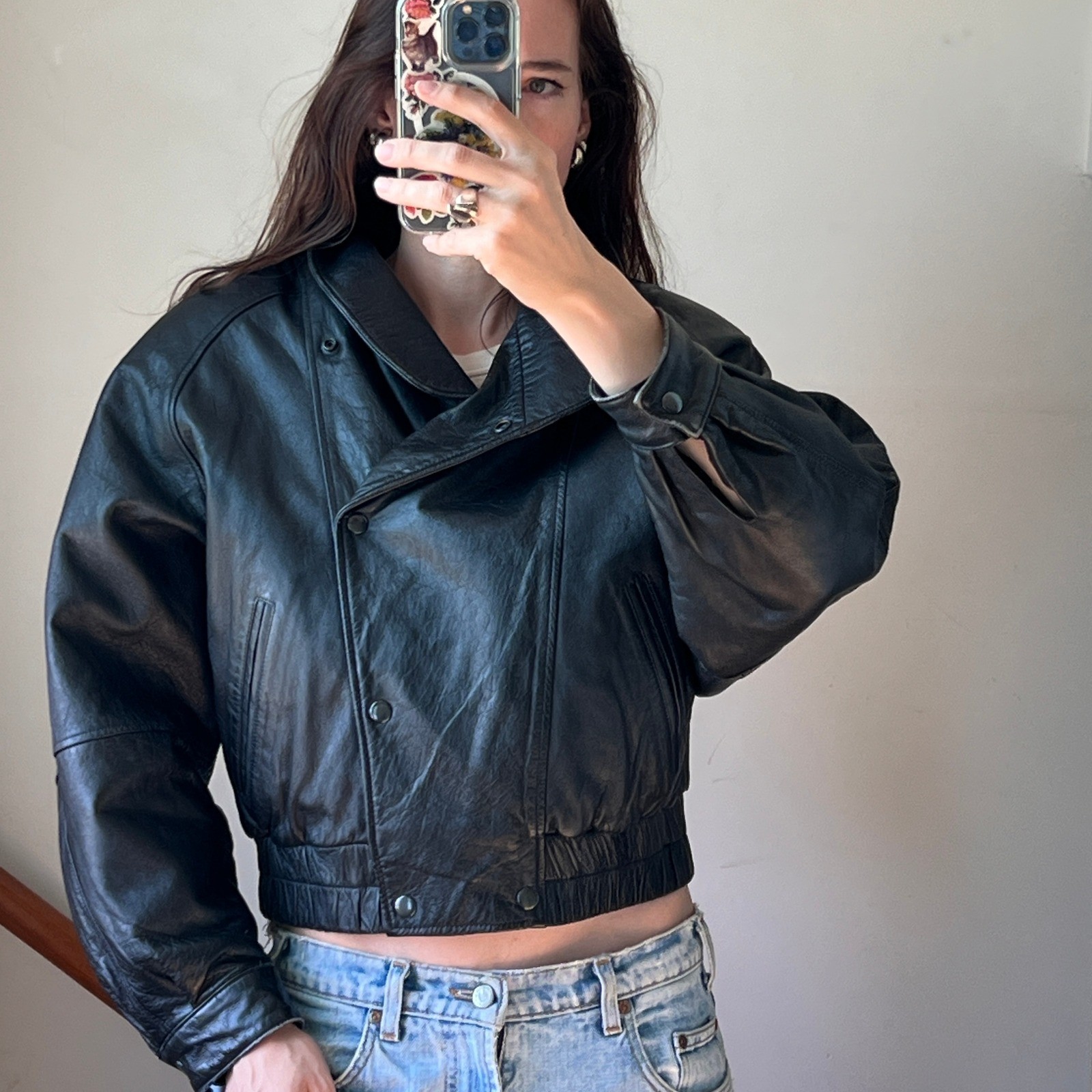 Vintage 80s Leather Jacket Black Cropped Statement Bomber Moto Biker 90s