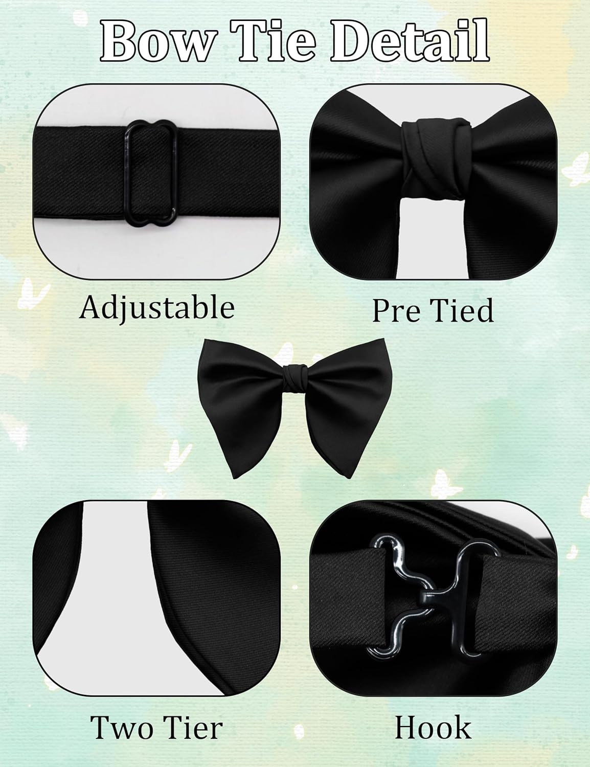 Black Bow Ties for Men Solid Color Pre-Tied Adjustable Bowtie Clip on Bow Tie Fo