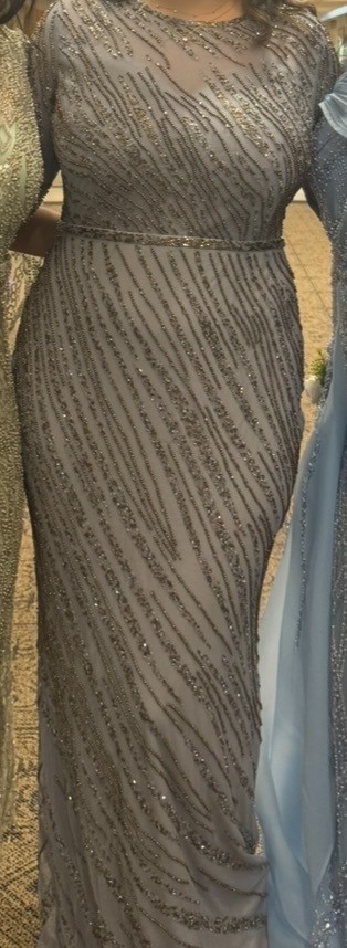 Mac Duggal Long Beaded Dress in Platinum with Gold Beads, size 10, $598
