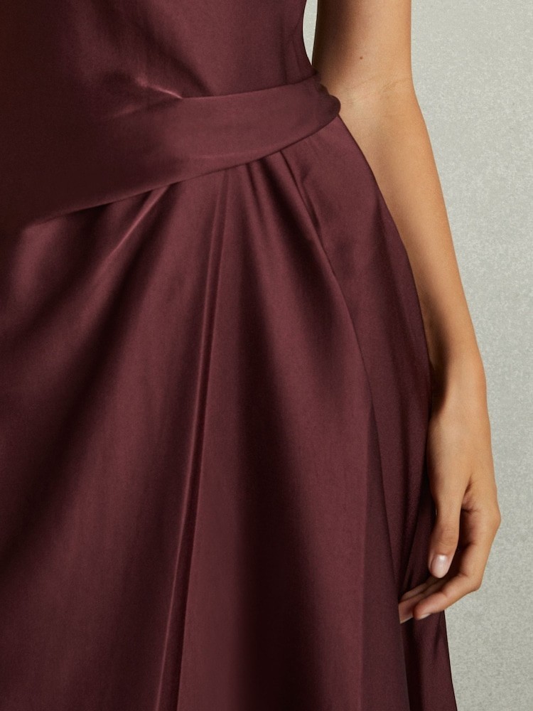 REISS Micah Burgundy Satin Drape Midi Dress in UK Size 14 Wedding Guest Occasion