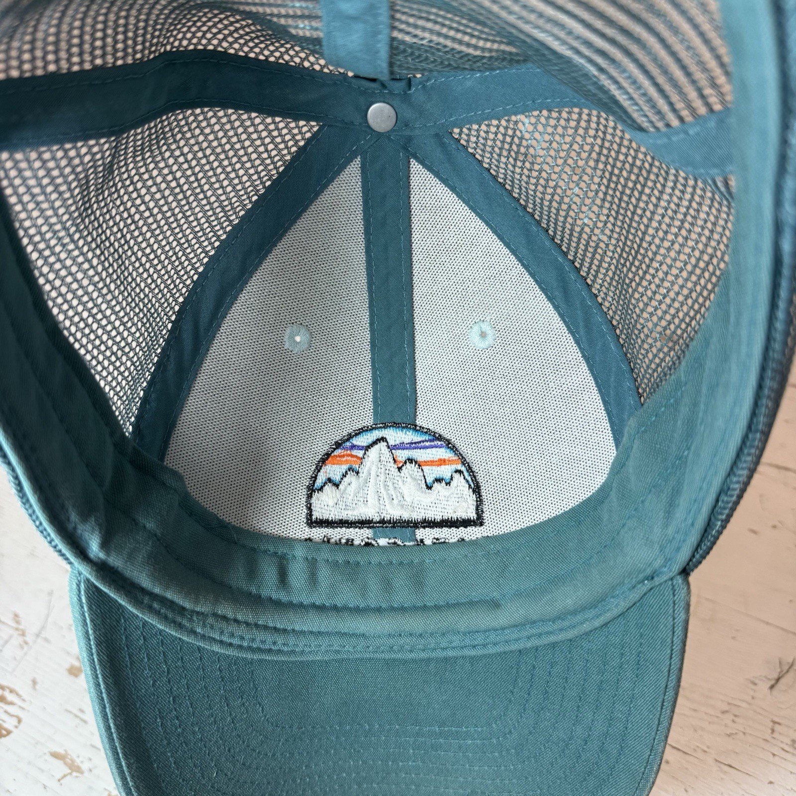 Patagonia Embroidered Spellout Mesh Lo Pro Trucker Hat Blue White