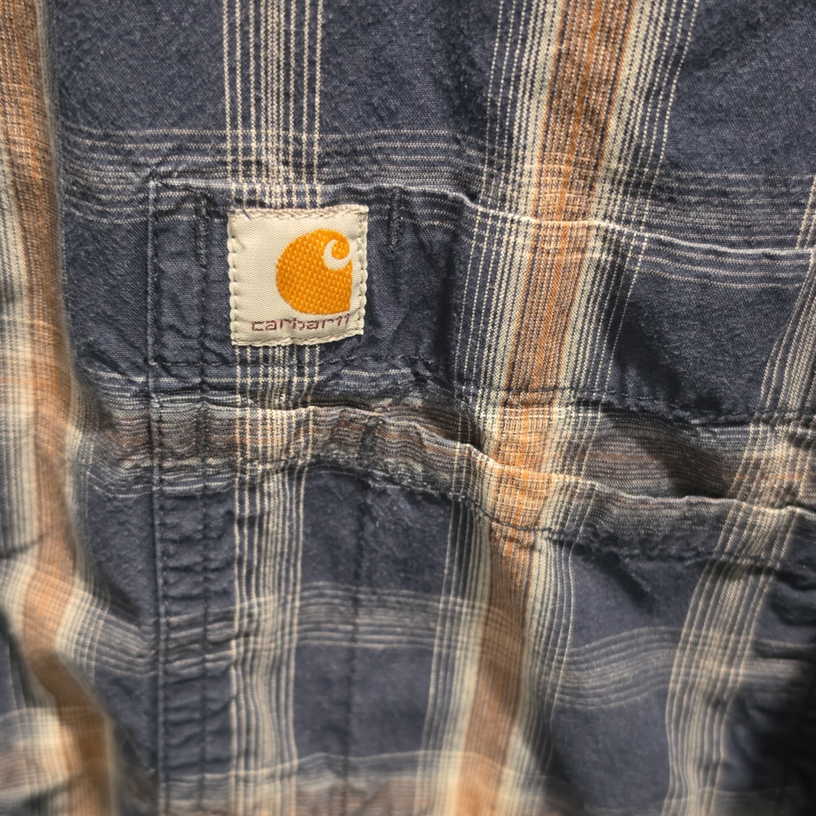 Carhartt Men’s Blue Beige White Plaid Flannel Long Sleeve Button-Up Shirt 2XL