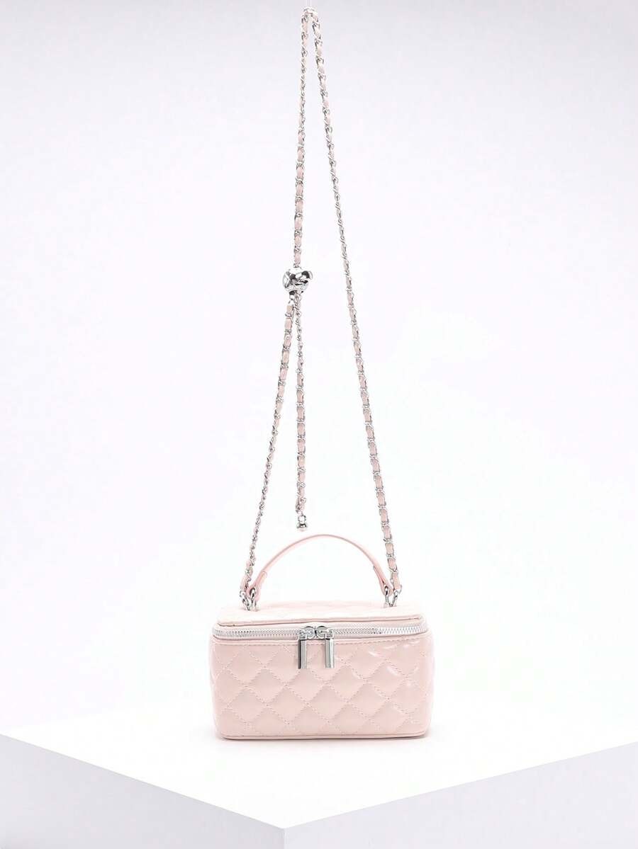 Fashionable Quilted Box Bag Plain Mini Crossbody Chain Strap Zipper Purse