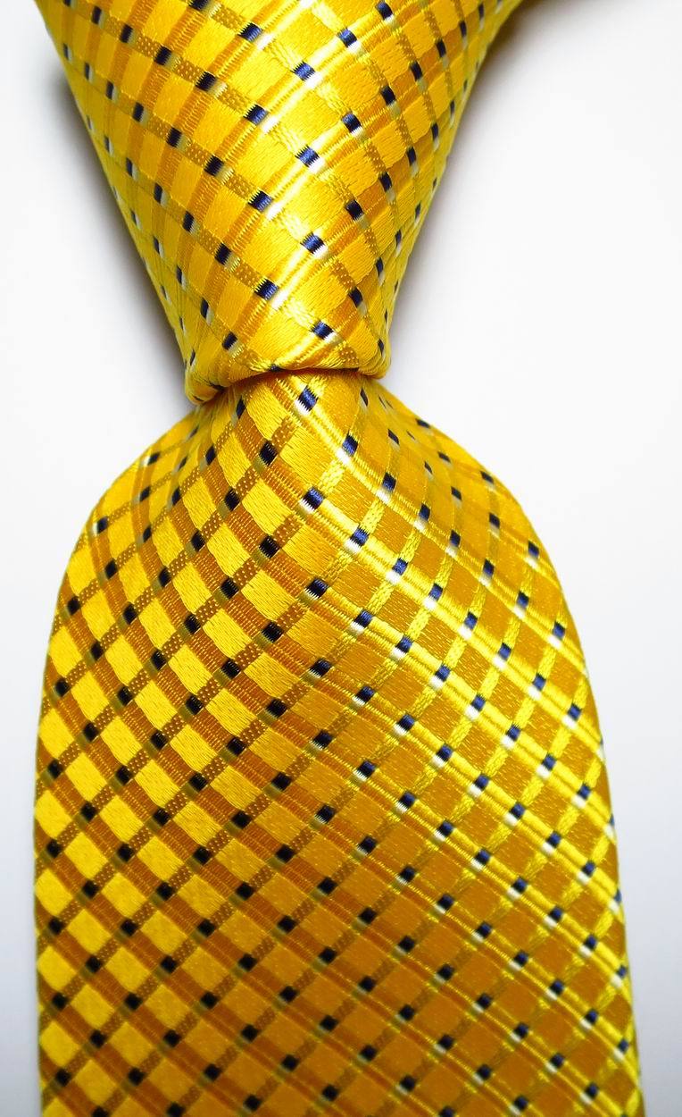 New Classic Checks Gold Yellow Blue White JACQUARD WOVEN Silk Men’s Tie Necktie