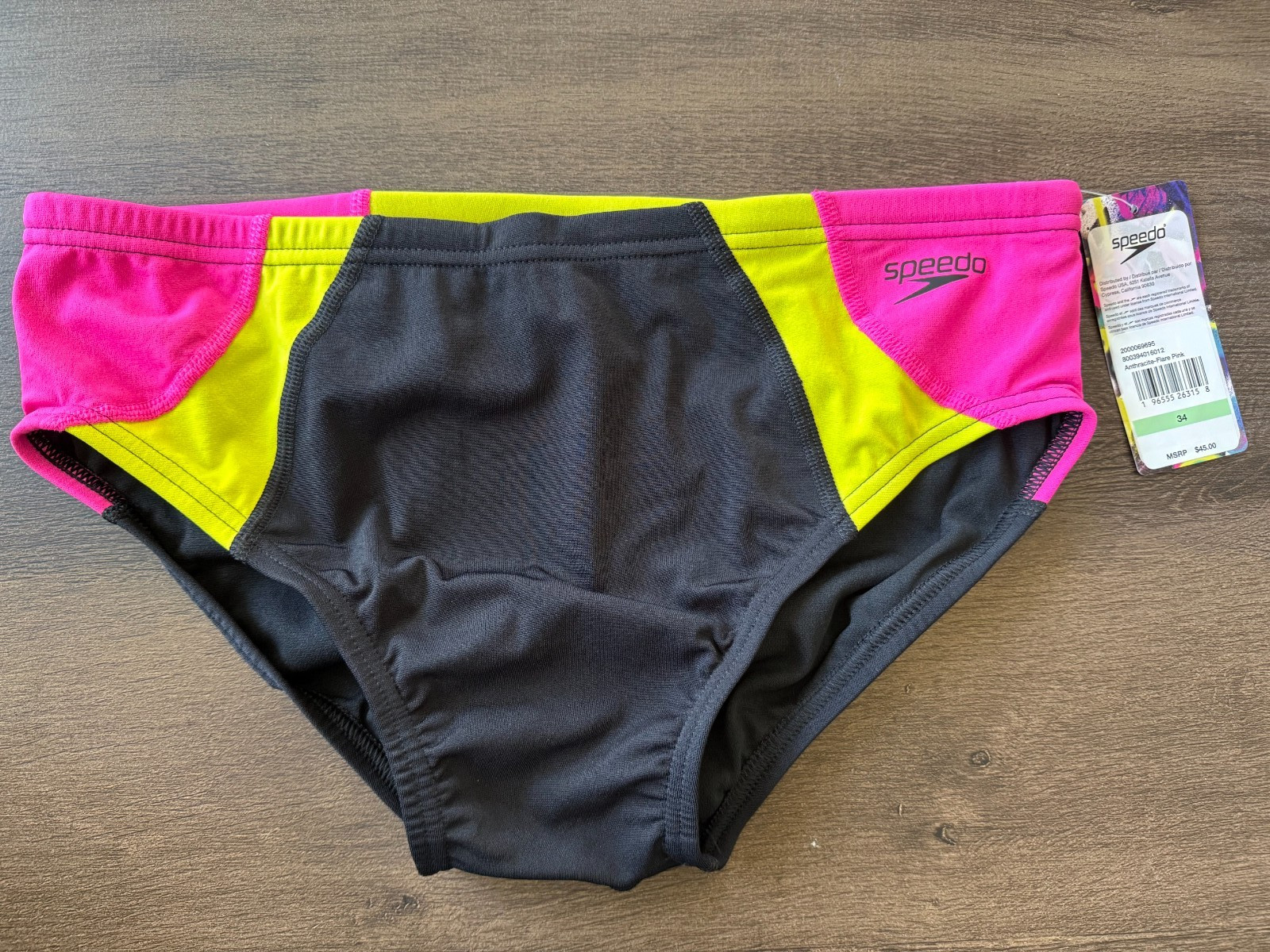 NWT Speedo Mens Size 34 Anthracite Flare Pink Swim Brief Trunks Endurance