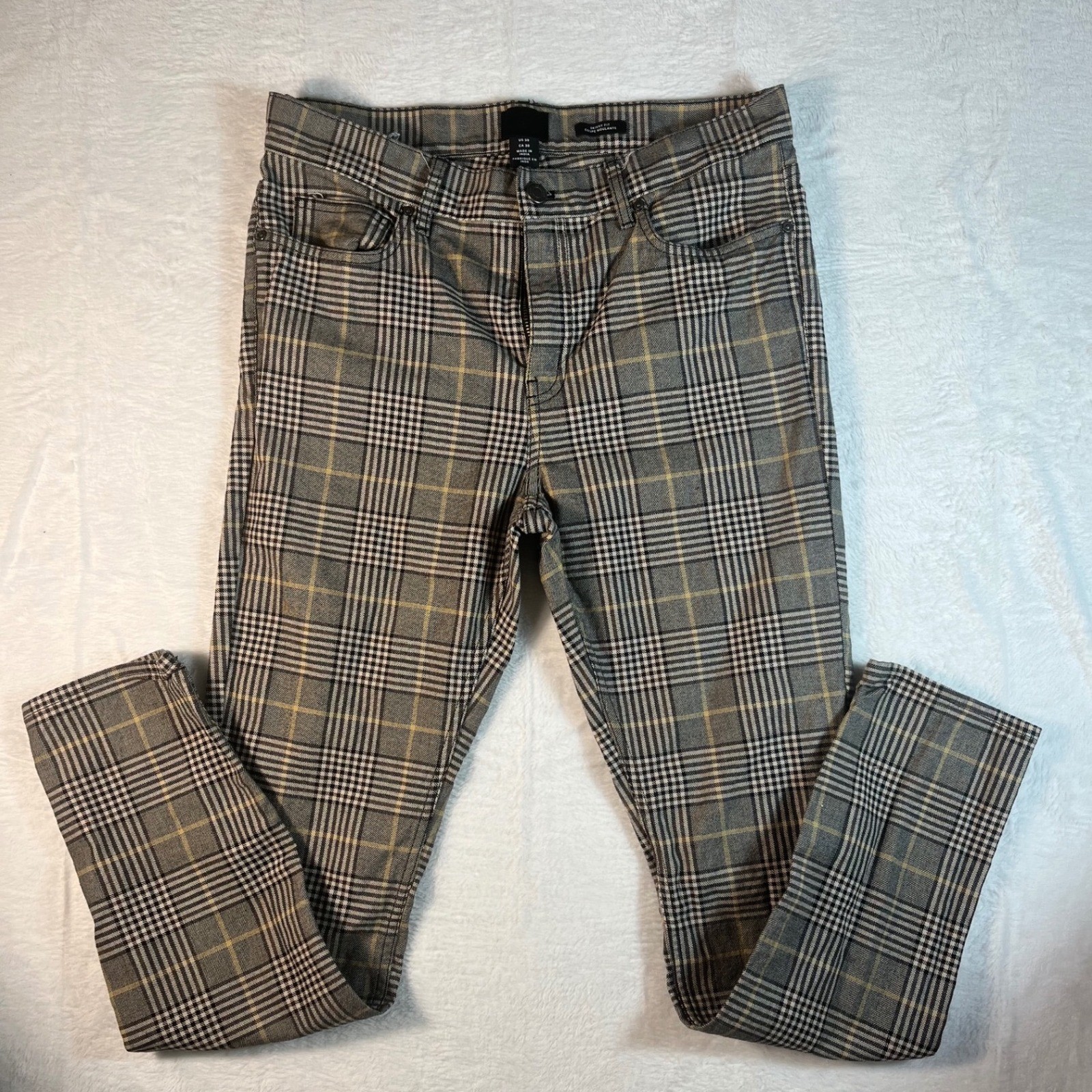 H&M Plaid Skinny Fit Pants Women US 30 Black Grey Yellow Checkered Preppy