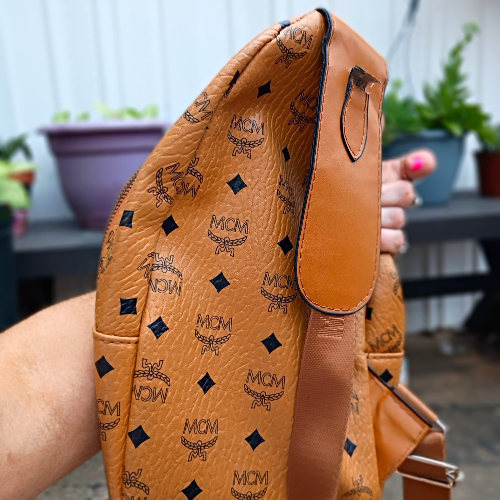 MCM Brown Monogram Backpack Gold Hardware Zip, Adjustable Straps, Outer Pockets