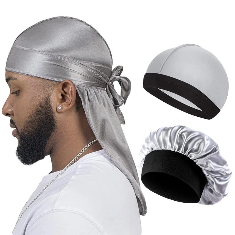 3Pack Silky Satin Durag Men Wave Cap Lot 360 Waves Bonnet Sleep Cap Doo Rag Long