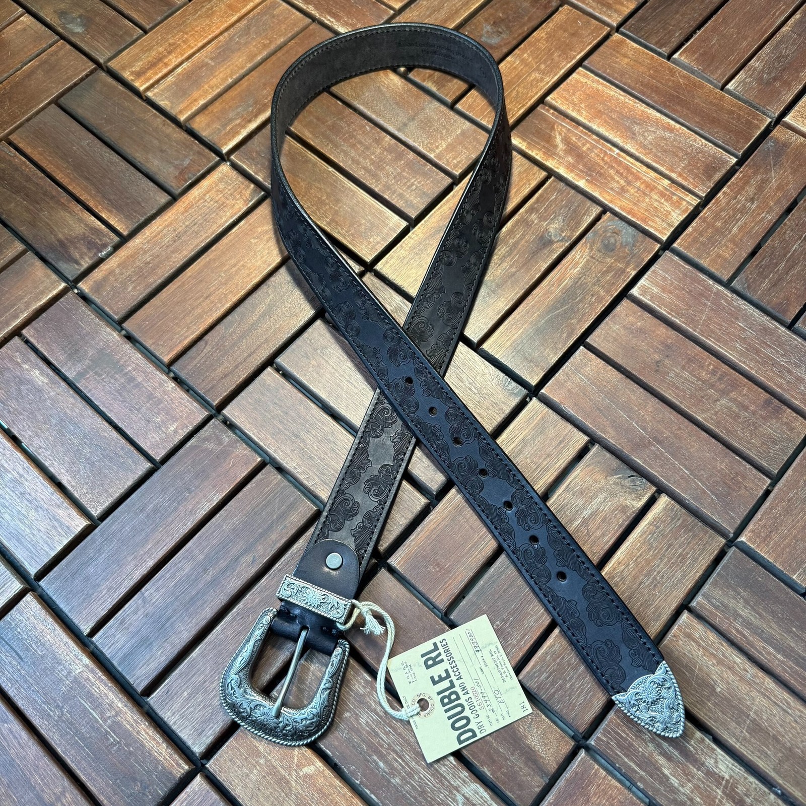 RRL Double RL Leather Belt Western Floral Engraved Silver Buckle Size 34