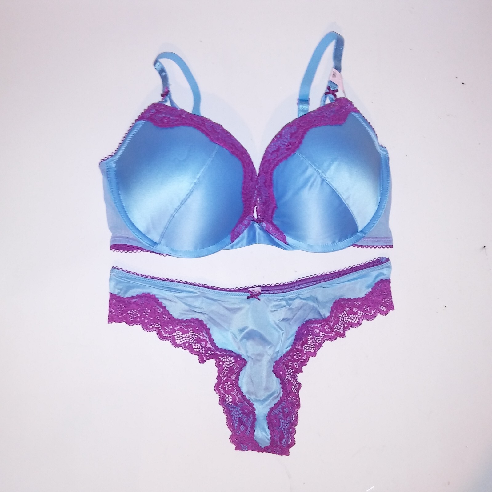 Victoria Secret Bra Set Push Up Thong Panty Blue Purple Tease Lace Trim Underwir