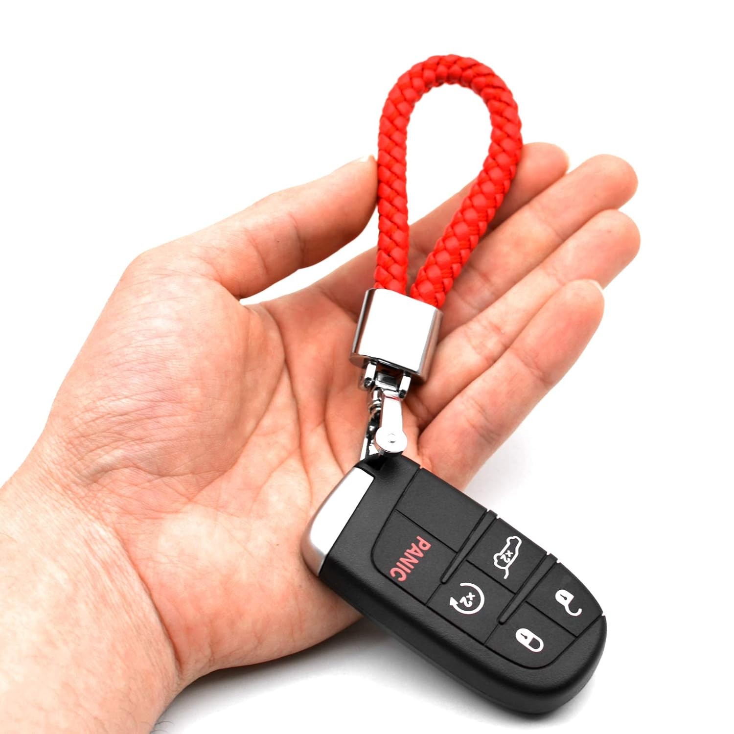 Red Leather Keychain Universal Car Fob Keychain Metal Keyring Woven Strap