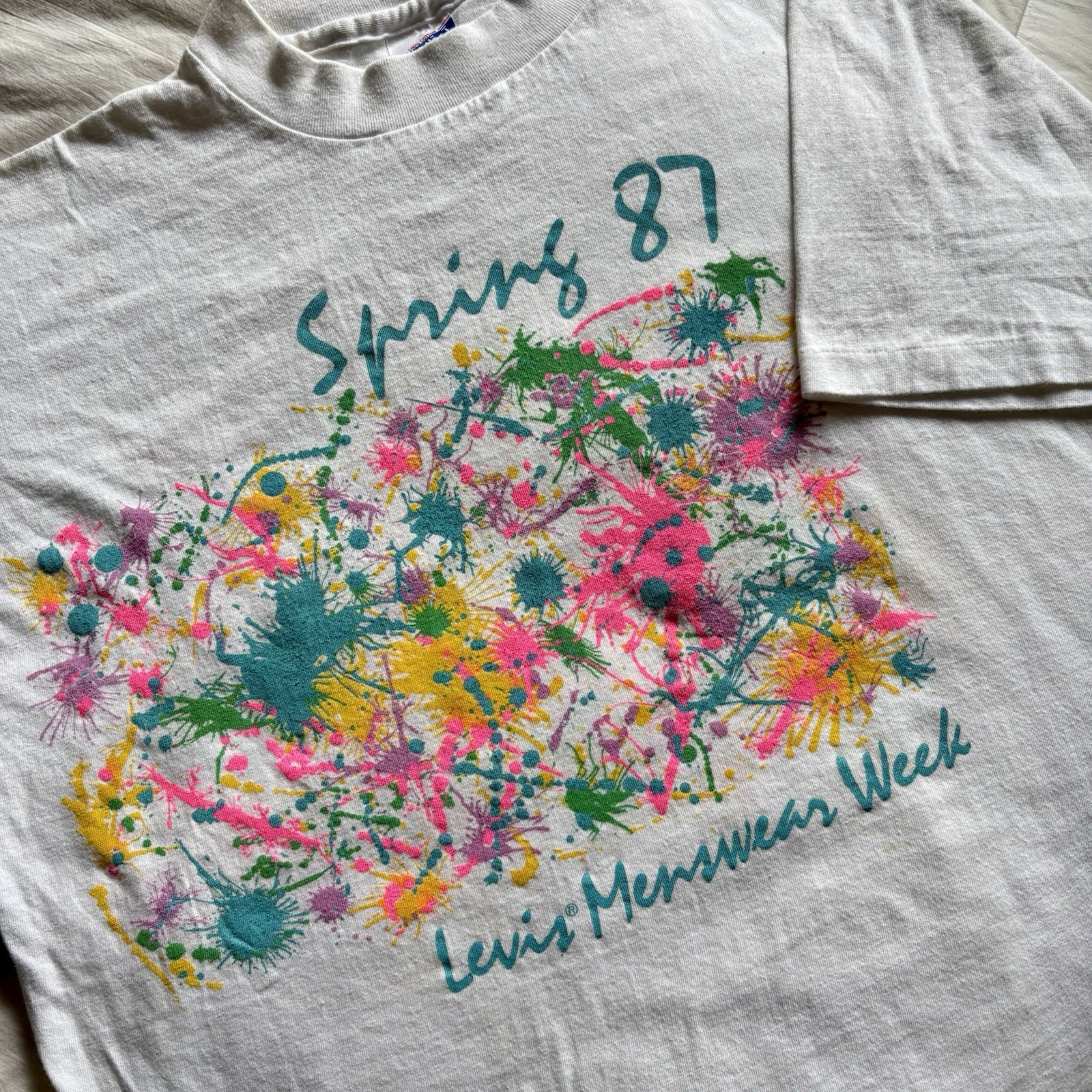 Vtg 1987 Levis Menswear Week Tshirt Mervyns Promo Neon Splatter Single Stitch XL