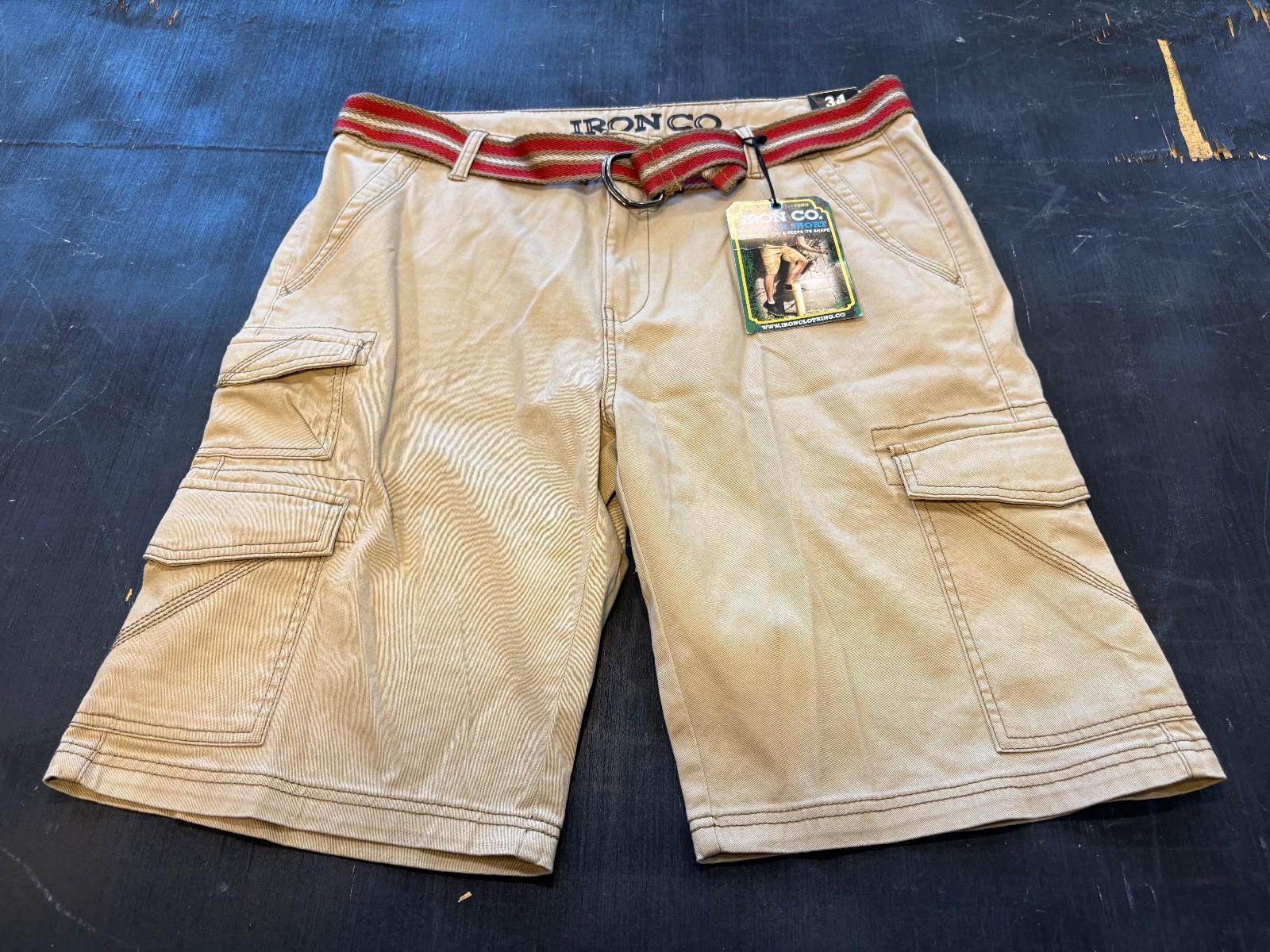 IRON CO. Belted Cargo Shorts Mens 34 W 11 Inseam Khaki Cotton/Spand MSRP $46 NWT
