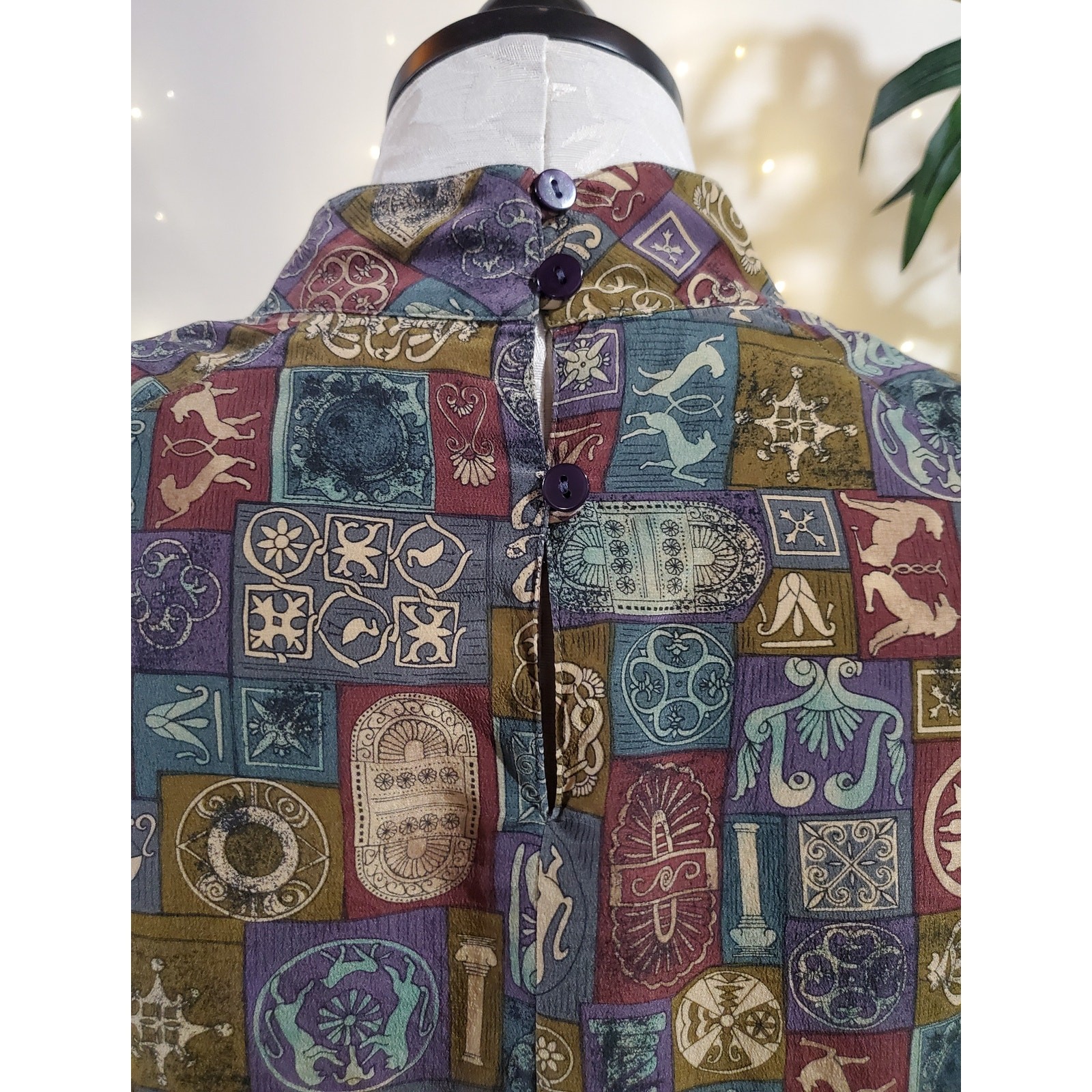 Silks VTG 80s 90s Egyptian Hieroglyph Long Sleeve Mock Blouse Womens Size M Top