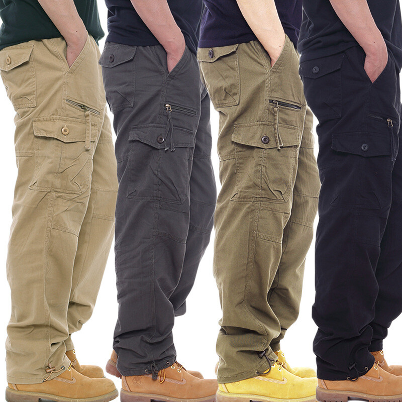 New Mens Cargo Combat Work Trousers Pockets Cotton Loose Machine Washable Pants