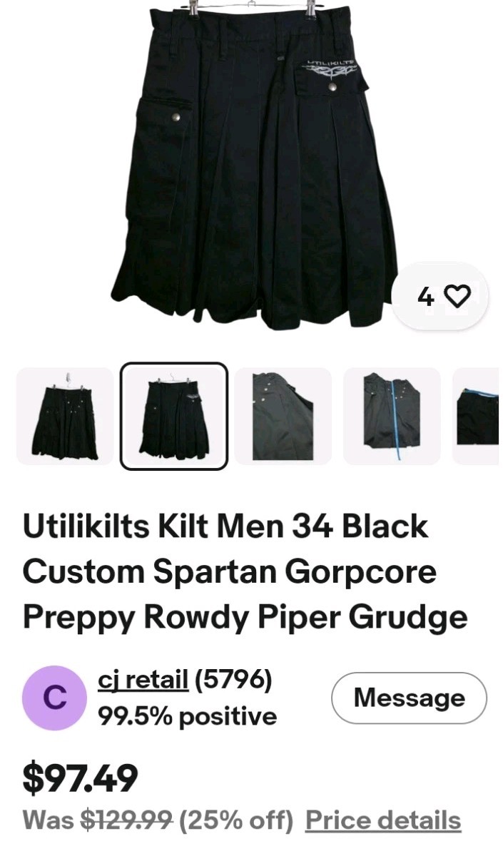 All Kilts Sports Deluxe Black 100% Cotton Sport Kilt Men Size 36 Kilt Style