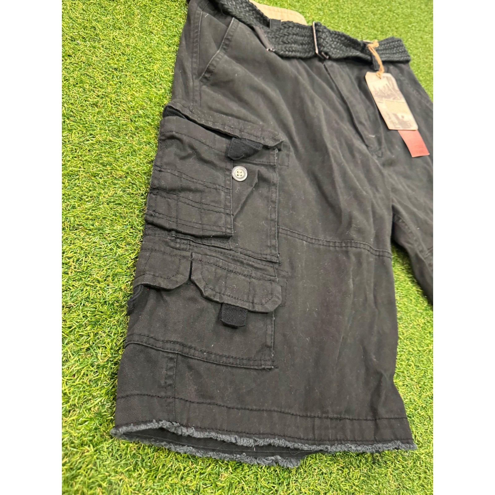 Iron Co Mens Cargo Shorts Black Heavy Vintage Wash Raw Hem With Belt Size 32 NWT
