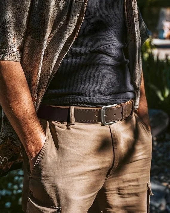 Men’s Genuine FULL GRAIN Leather Belt, Brown Zinc Alloy Pin Buckle Size 28-46