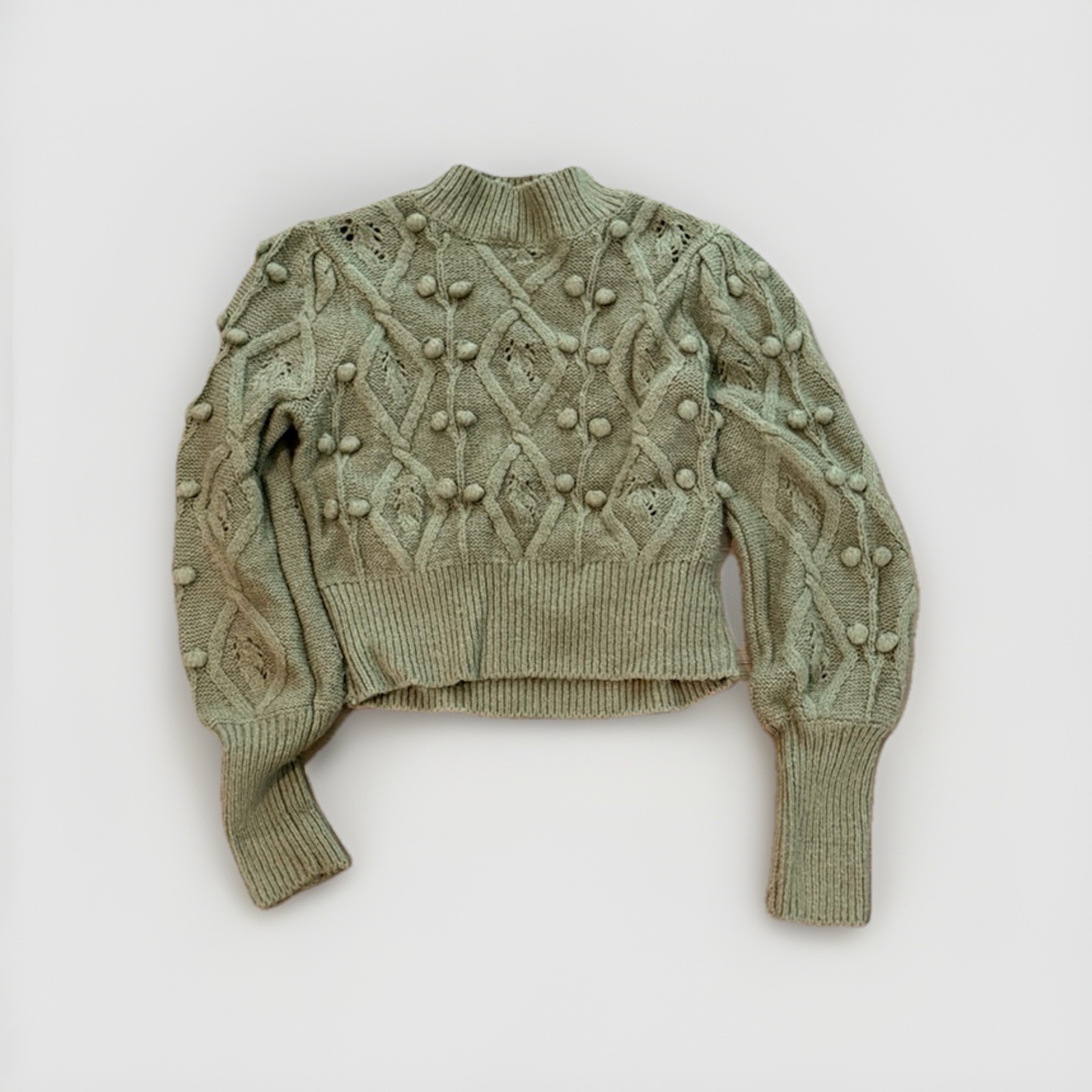 Chelsea Violet Women’s Sweater Cable Chunky Pompom Balls Olive Green Size S