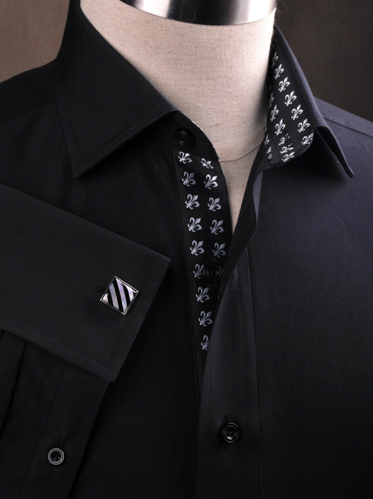 Sexy Pure Black Poplin Formal Dinner Event Dress Shirt Fluer-De-Lis Inner Lining