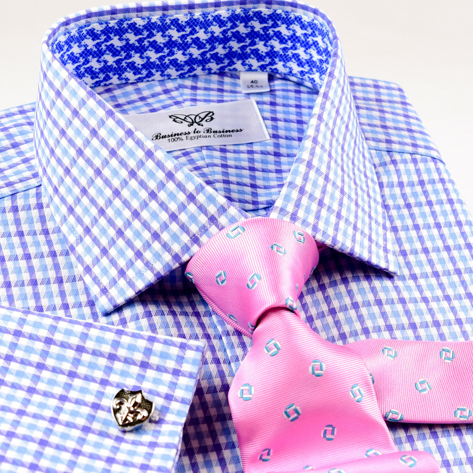 Blue Check Business Dress Shirt Gingham Check Designer Formal Top Fashion Style