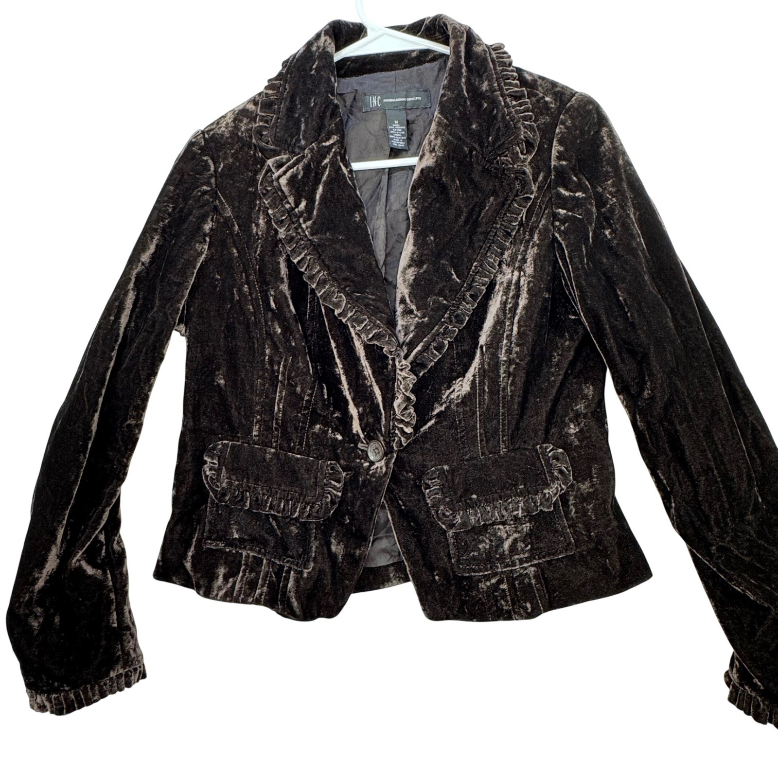 INC Velvet Blazer Womens Medium Brown Ruffle Trim Victorian Goth Jacket
