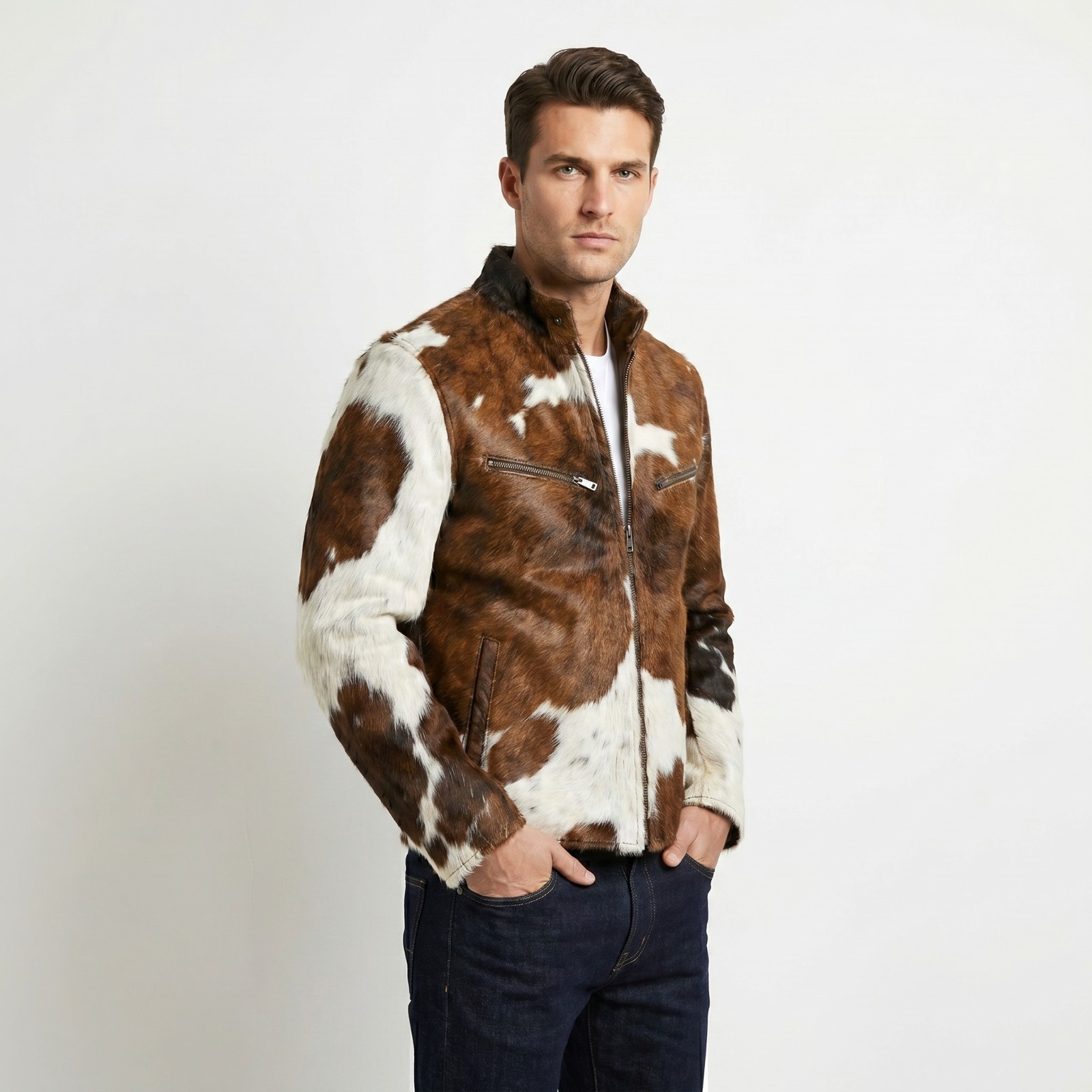 Mens Real Cowhide Leather Jacket Hair on Hide Cow Print Western Cafe Racer Coat
