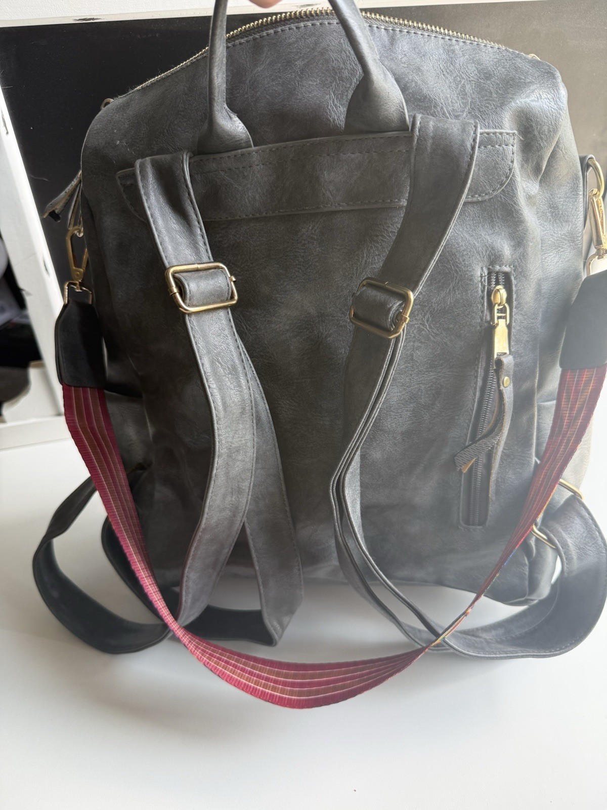 Gray Small Faux Leather Backpack With Reversible Strap