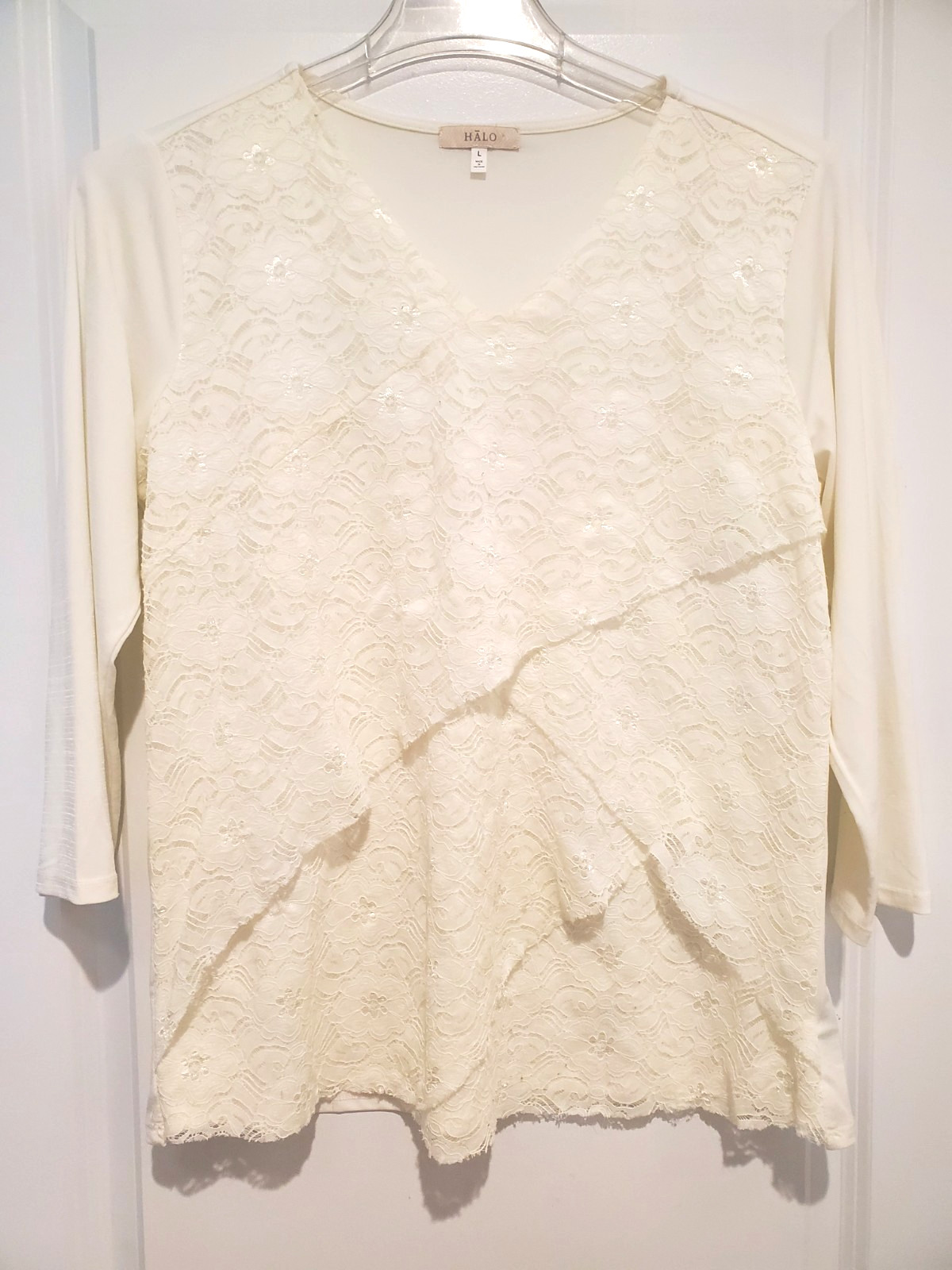 Halo Womens Lg Long Sleeve Ivory Top Polyester Spandex Long Sleeve Lined Tiered