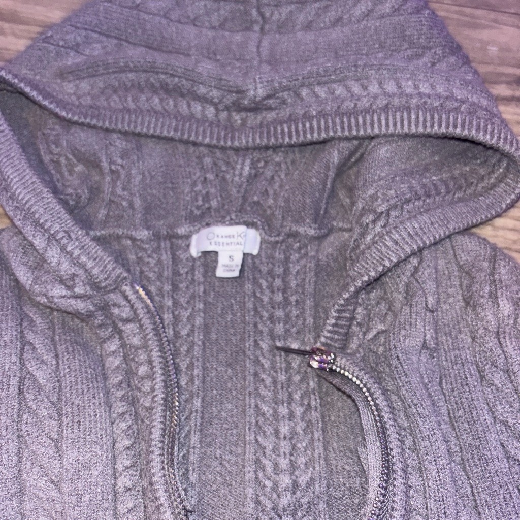 Orange Kiss Essentials Gray Cable-Knit Hooded Full Zip Cardigan Sweater S