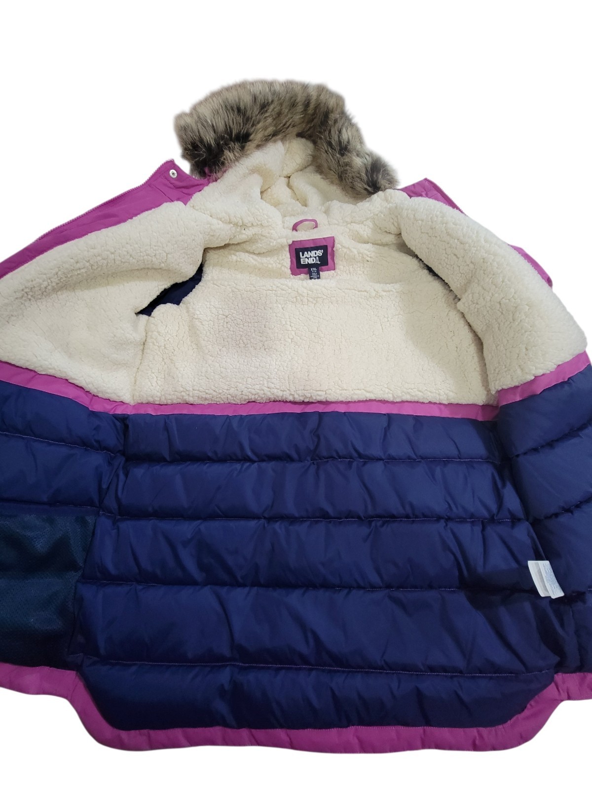 Lands End Expedition Parka Girls XXL Pink Faux Fur Trim Insulated Pockets Hooded
