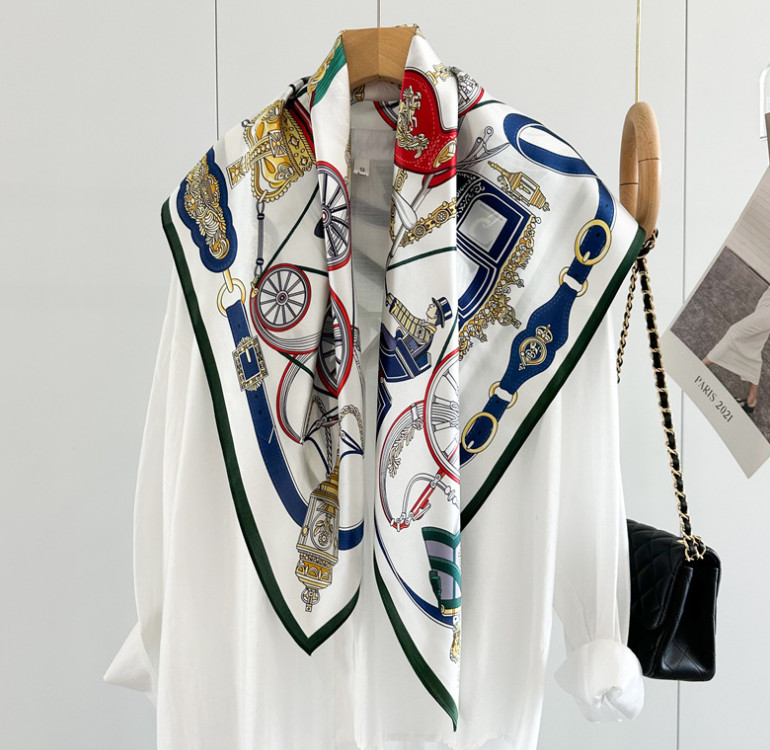 100% Silk Mulberry 90X90cm Scarf For Women Neckerchief Wrap White wheel Print
