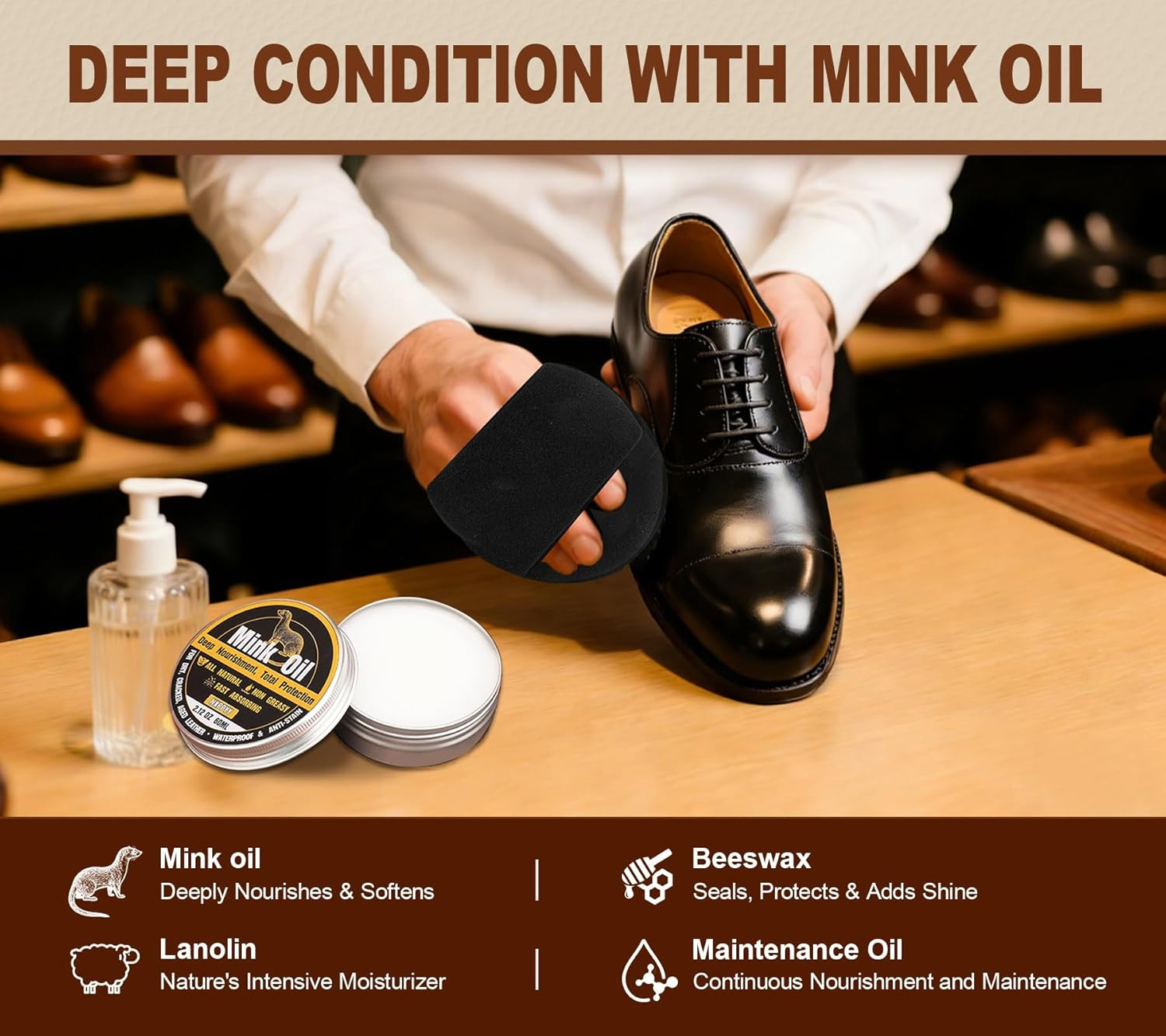 Leather Boot Care Kit 6 in 1 Mink Oil Saddle Soap Shoe Cleaner Conditioner